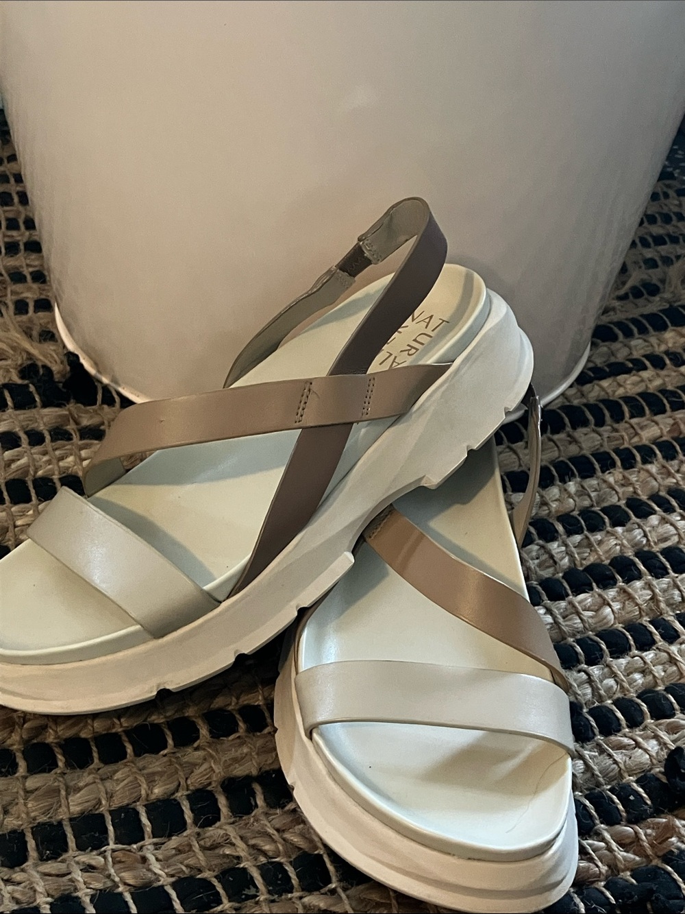 Naturalizer Two-Tone Taupe and Cream Slingback Platform Sandals